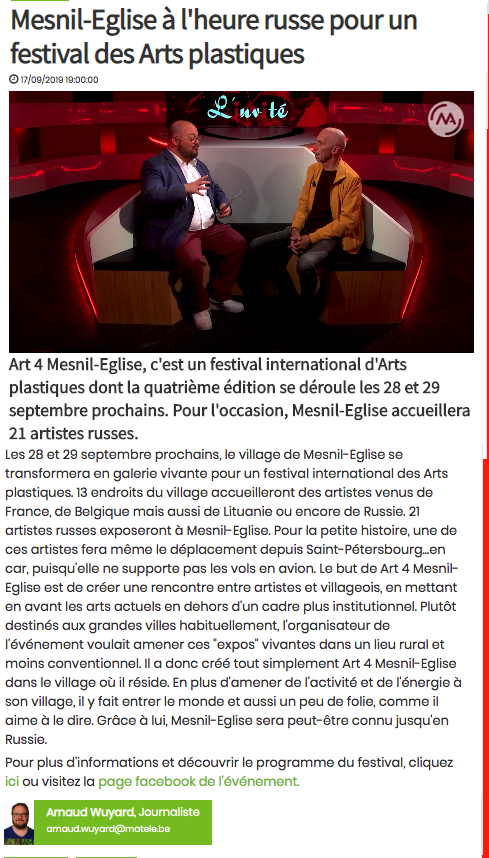 Page Internet. ex cathedra. Mesnil-Eglise à l'heure russe pour un festival des Arts plastiques. Interview de Werner Pans par Arnaud Wuyard. 2019-09-17